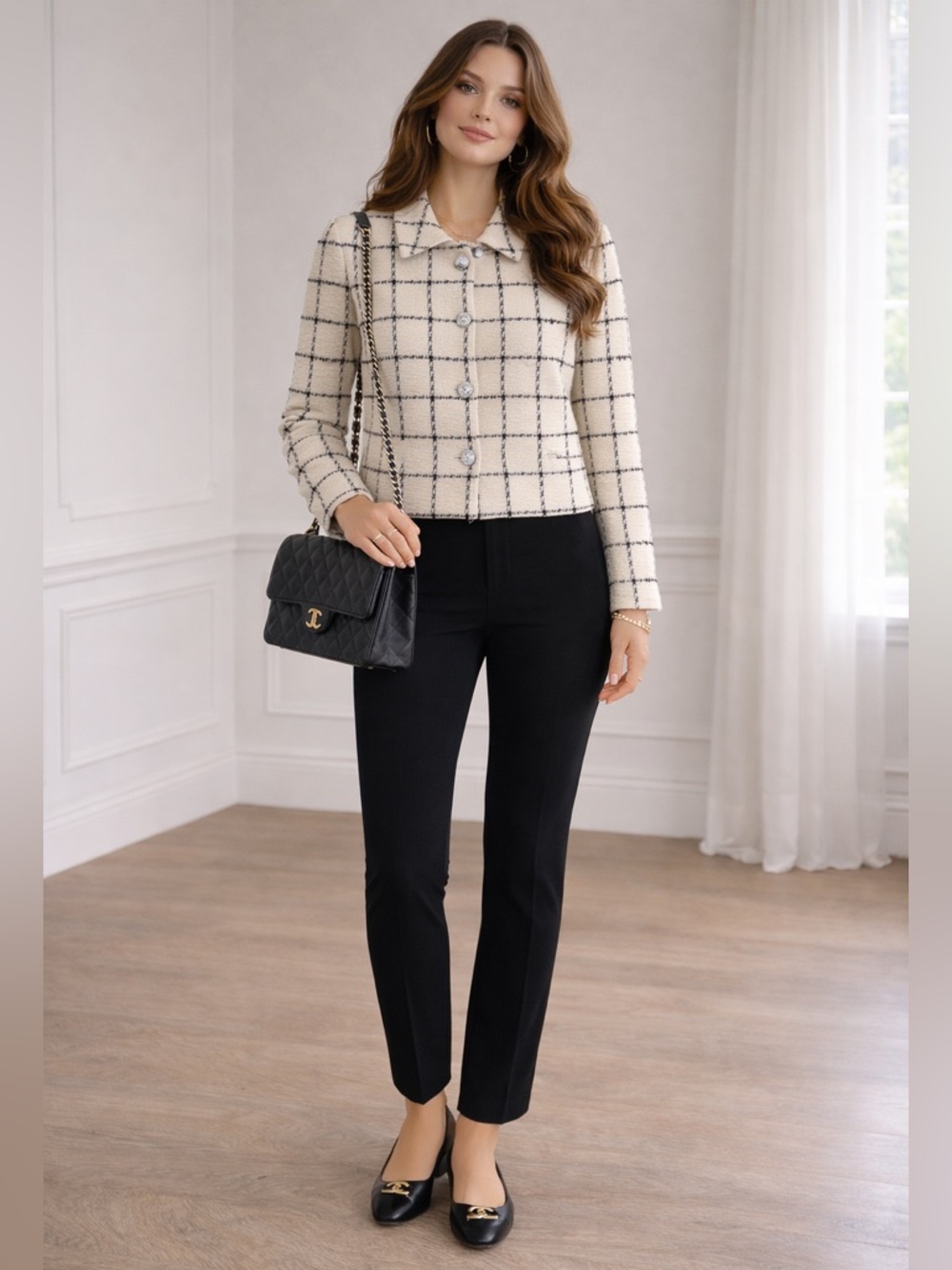 St. John Eyelash Windowpane Knit Belted Jacket Tweed Wool-Blend Jacket Sz 10